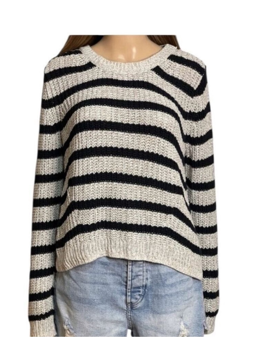 Cable-knit Crewneck Sweater Women’s Medium Black & Beige/Ivory Size Medium